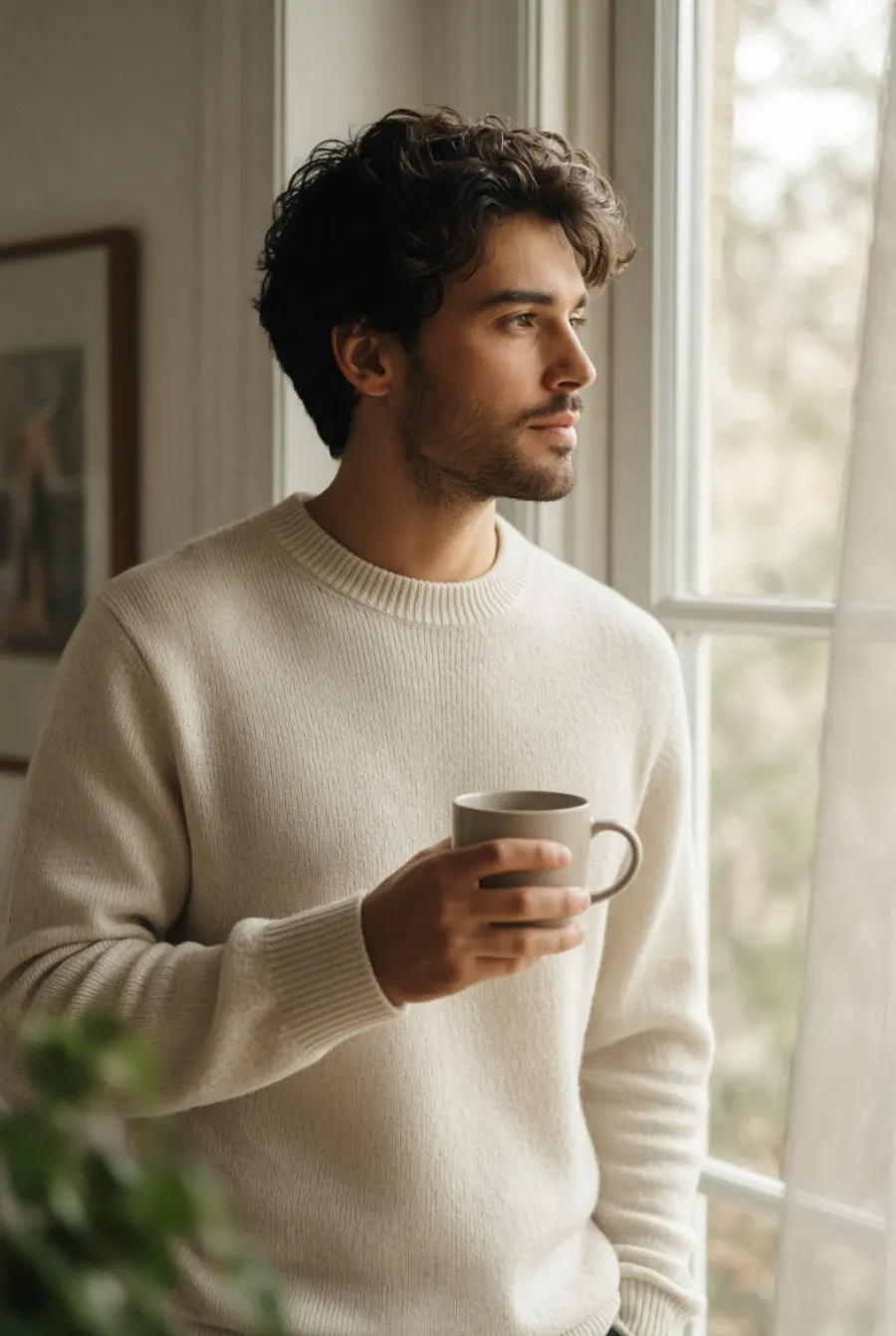 A man sitting quietly indoors with a mug, morning light behind him.