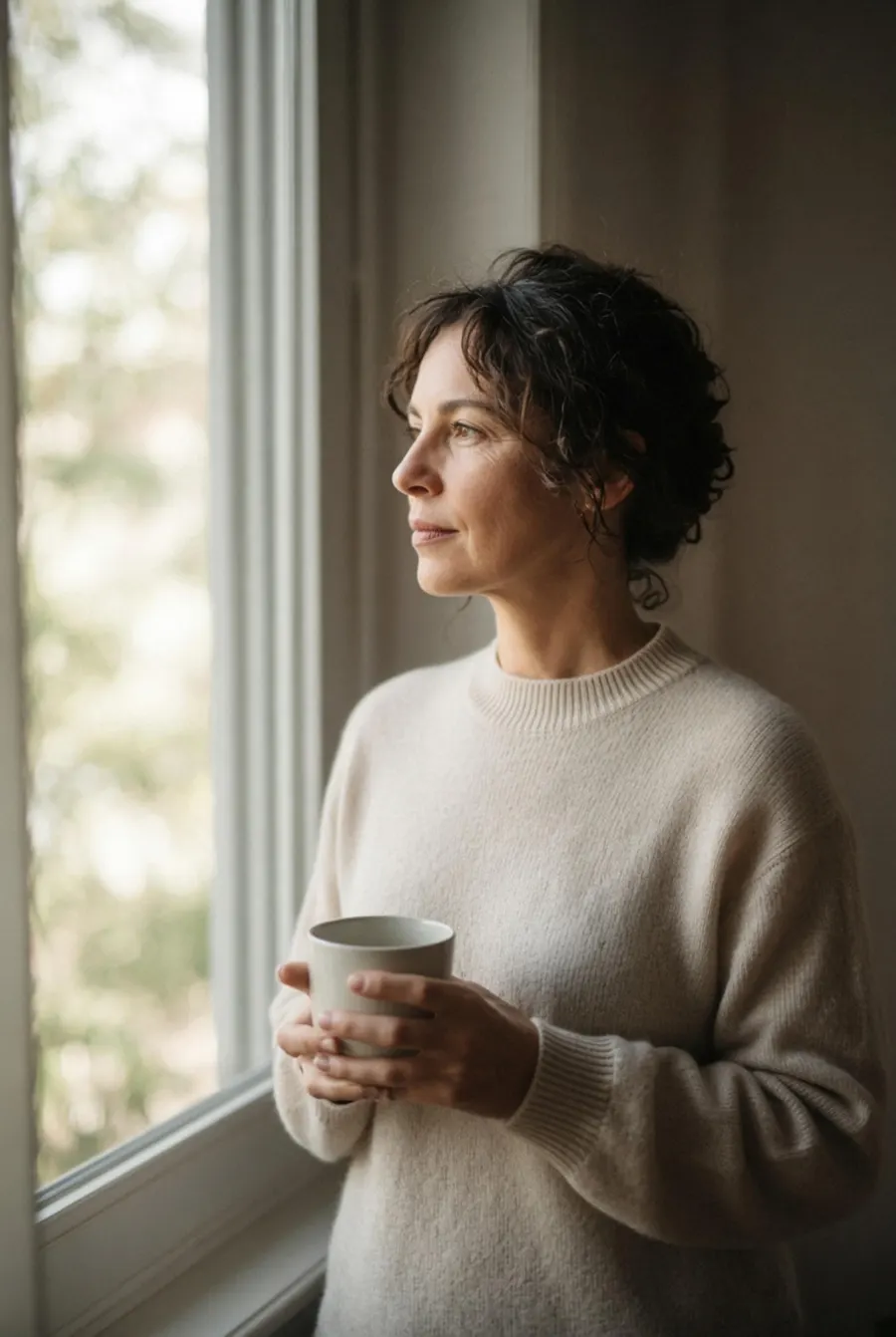 A woman sitting by a window, resting her chin on her hand, thinking.