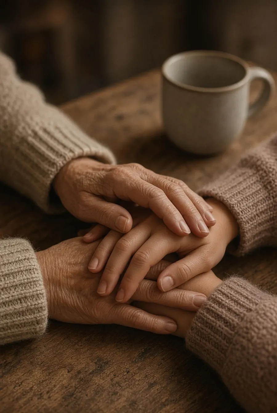 Two pairs of hands resting together on a knitted blanket.