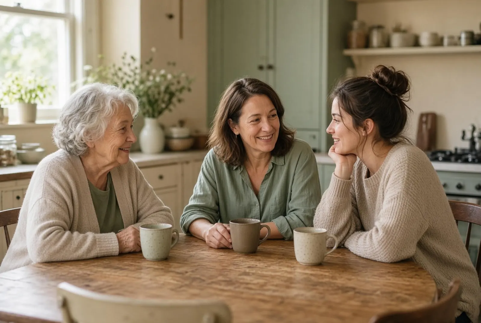 Three women talking around a kitchen table in daylight, cups in front of them.