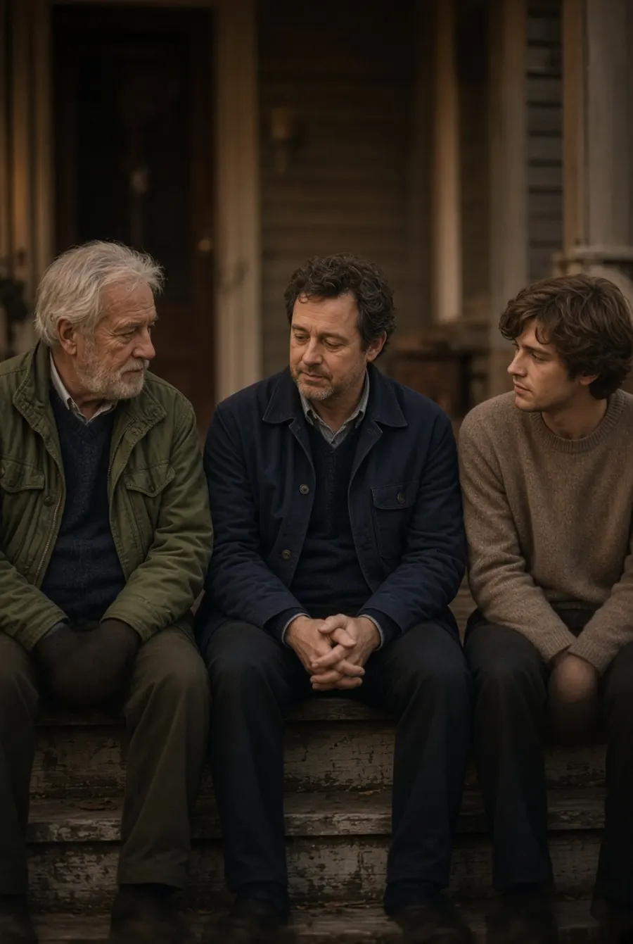 Three men sitting together on a bench outdoors, mid-conversation.