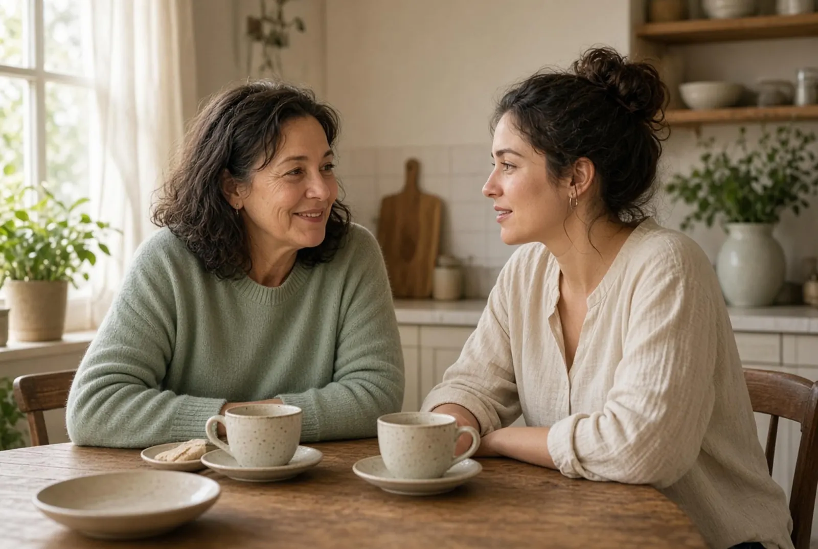 A mother and daughter talking across a kitchen table in morning light.