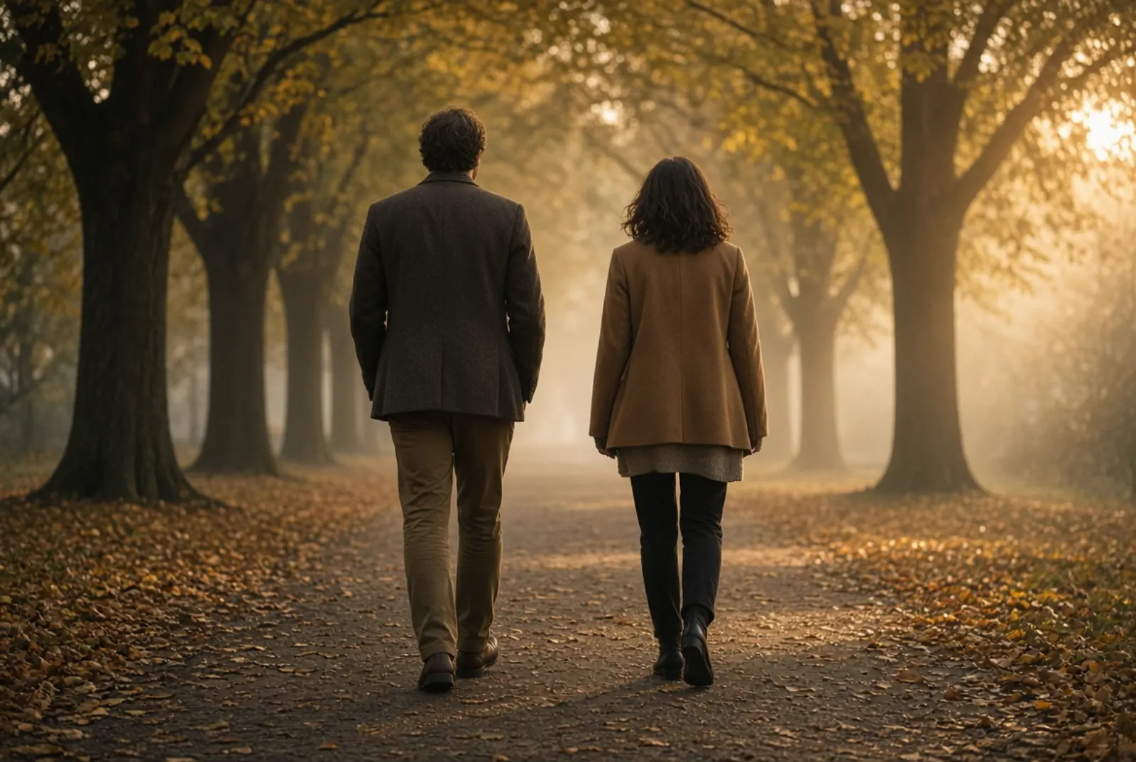 Two people walking away down a tree-lined avenue in soft morning mist.