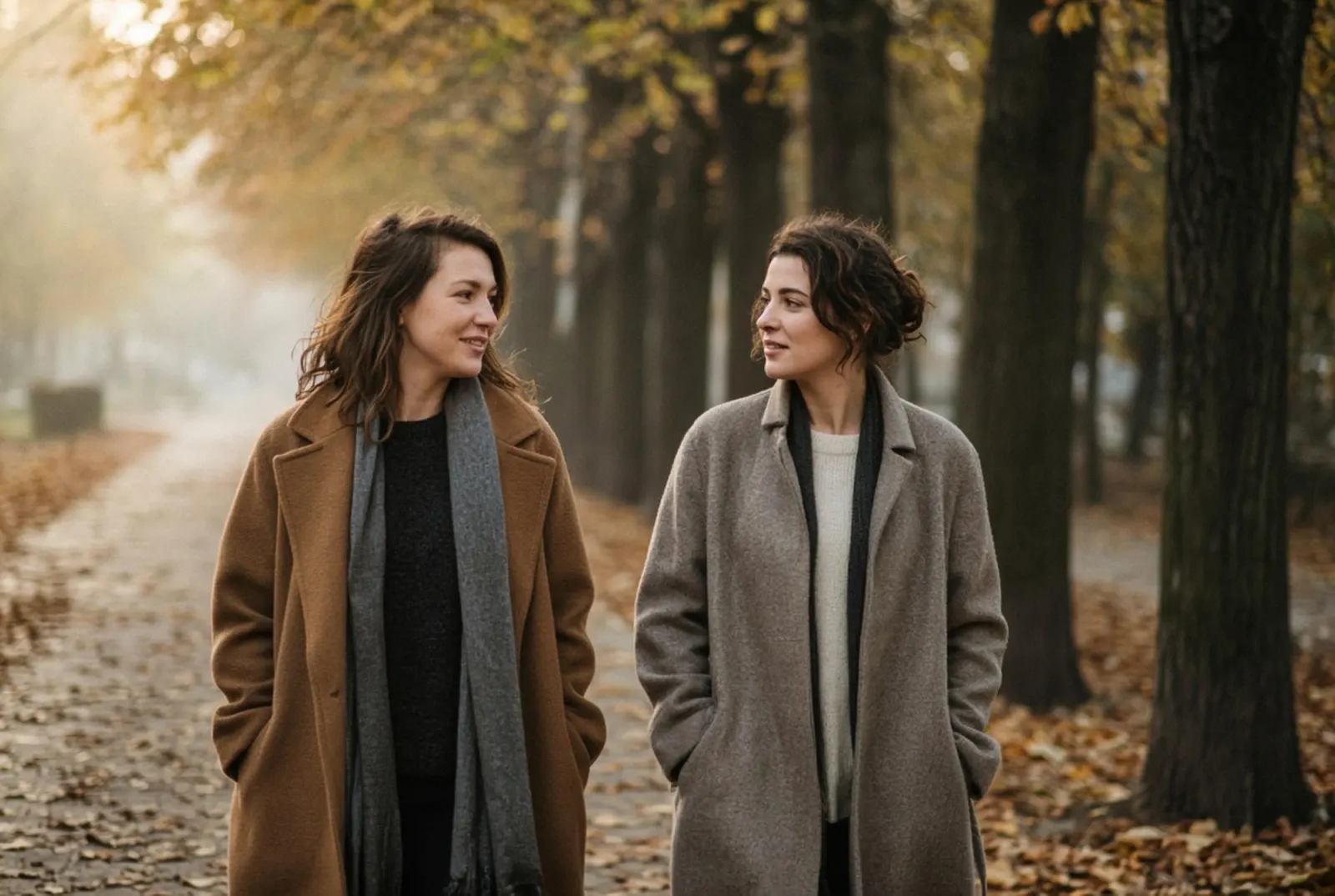 Two women walking together along a tree-lined path on an autumn afternoon.