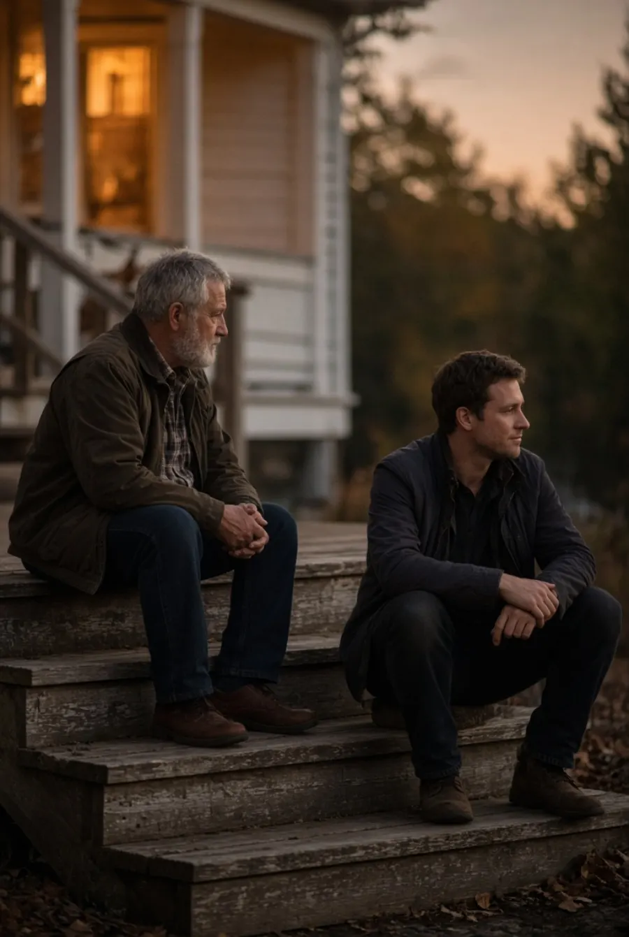 Two men sitting on a porch step, one older, talking things over.