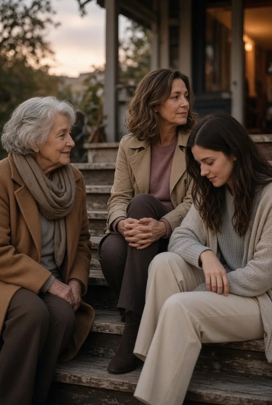 An older woman and a younger woman sitting together on front steps, talking.
