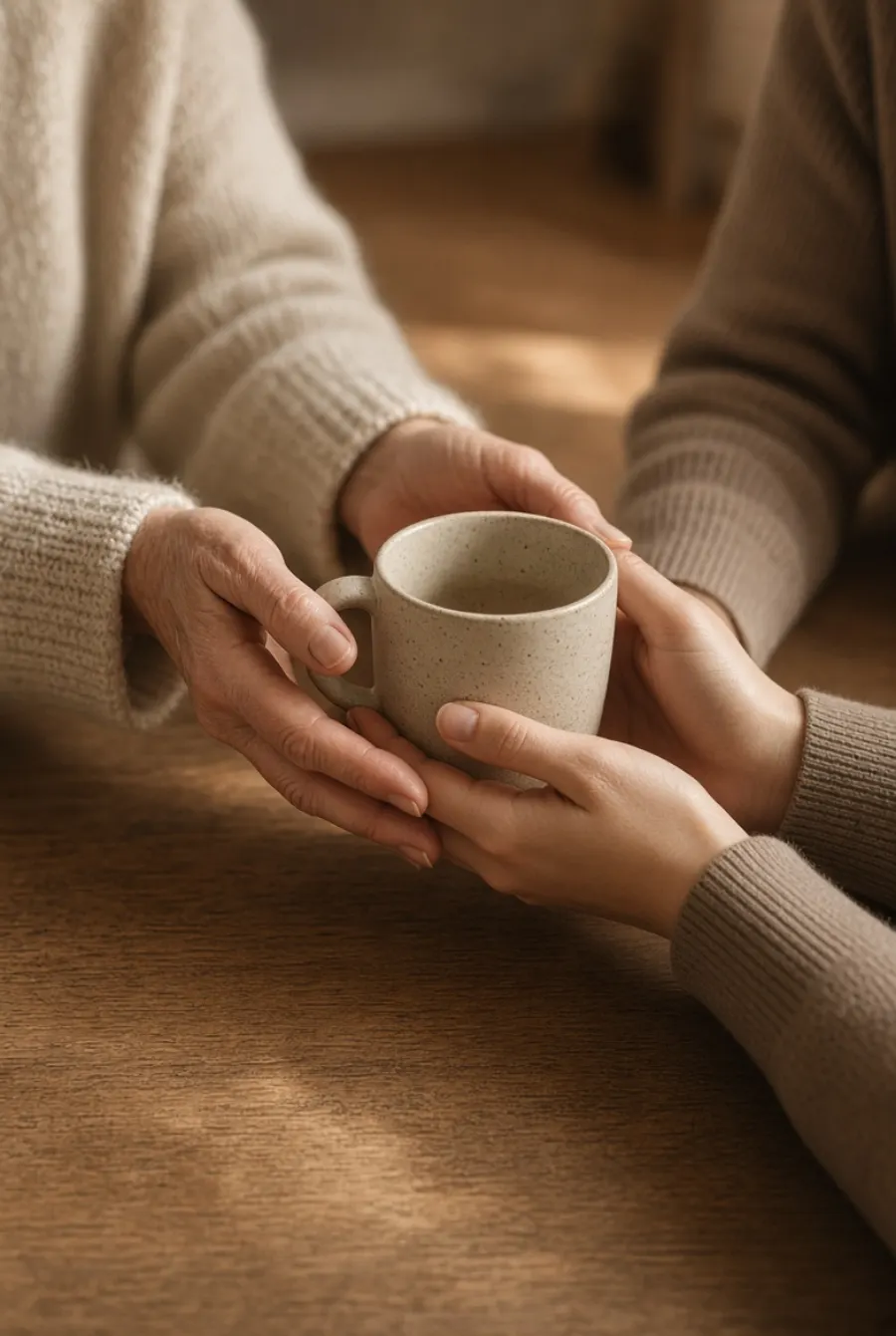 One person passing a mug into another person's hands.