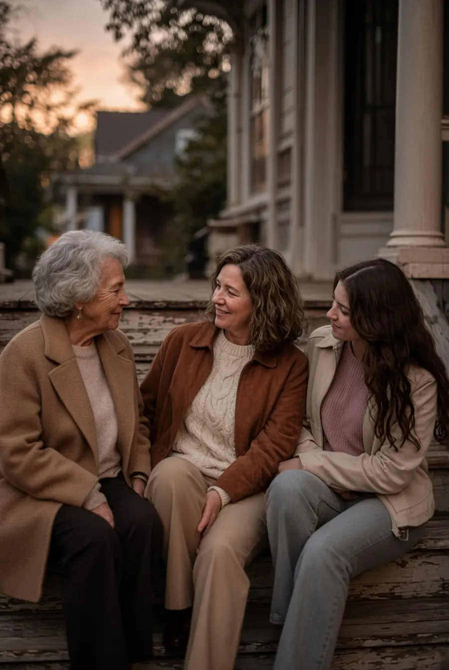 Three women sitting together on stone steps outdoors, mid-conversation.