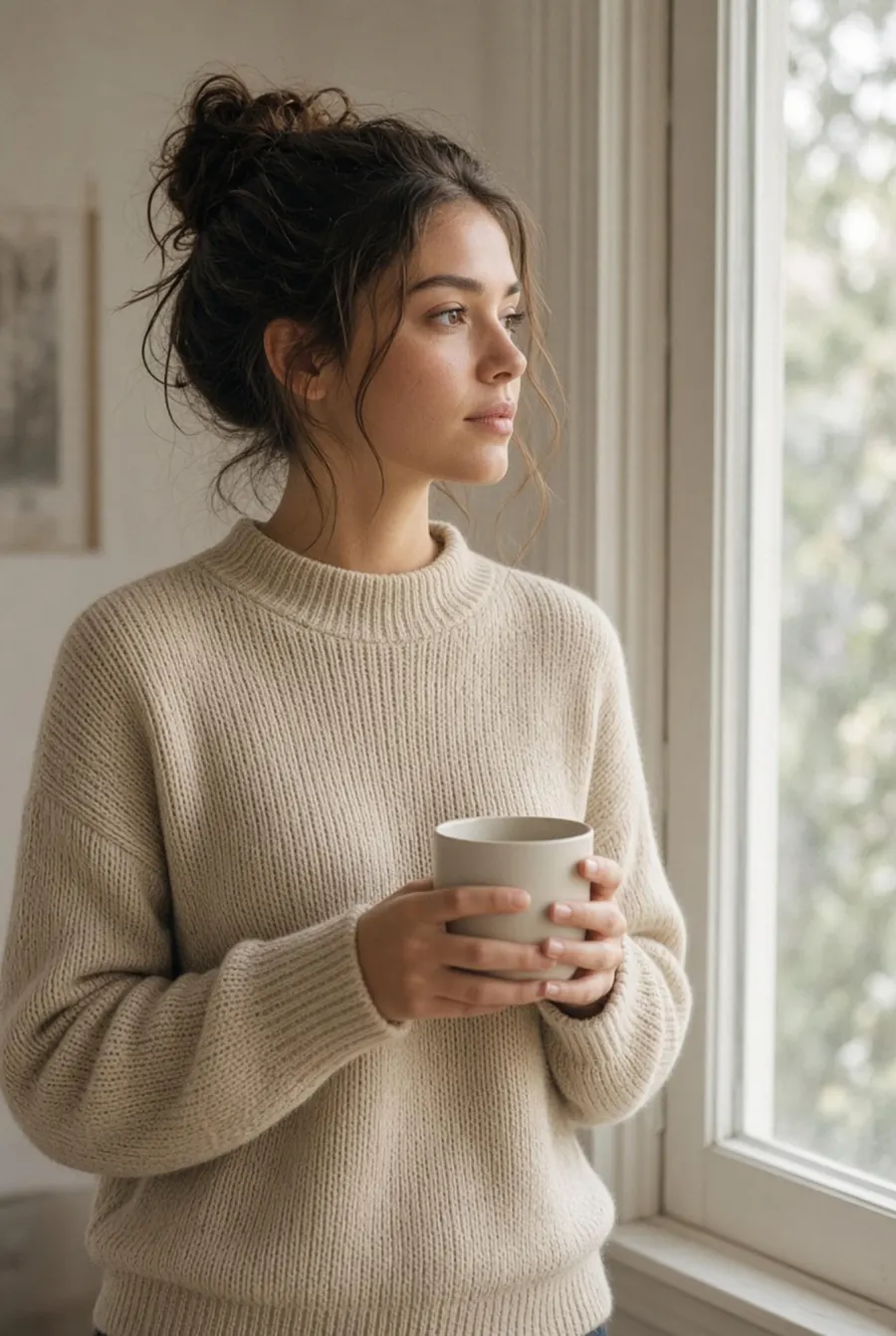 A woman standing at a window holding a mug, looking out with a steady expression.
