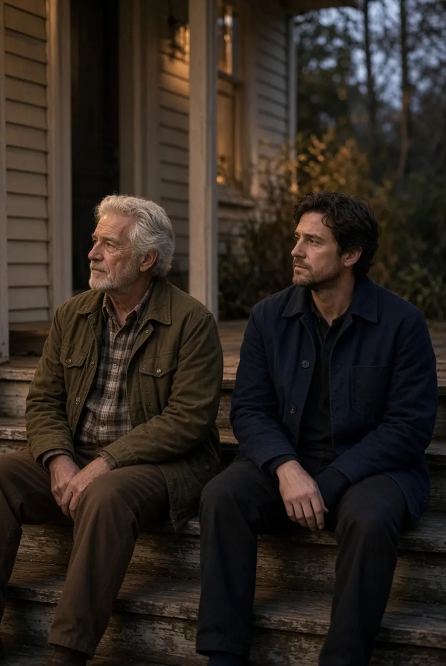 An older man and a younger man sitting together on a porch at dusk.