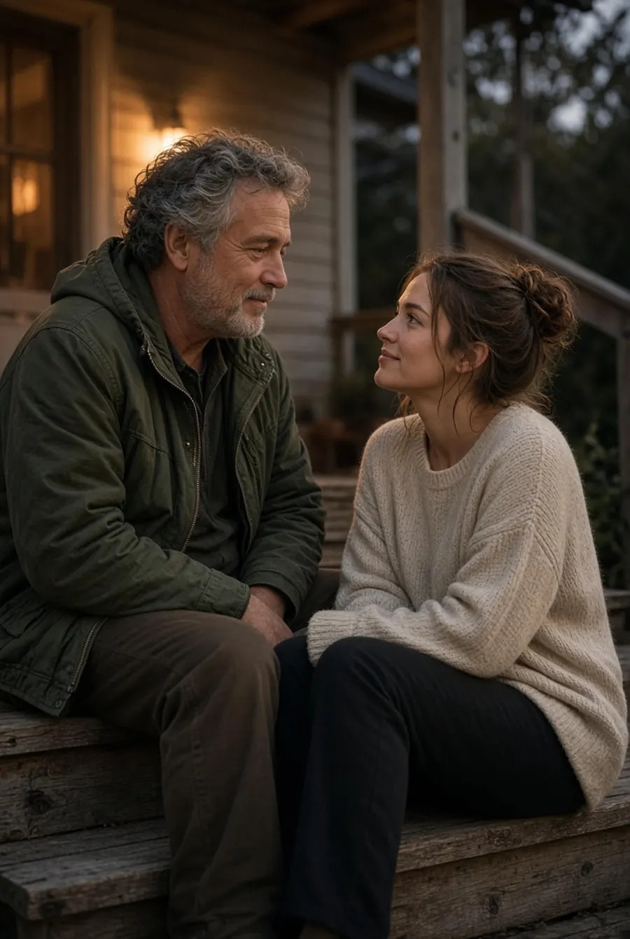 A man and a woman sitting close together outdoors, turned toward each other.